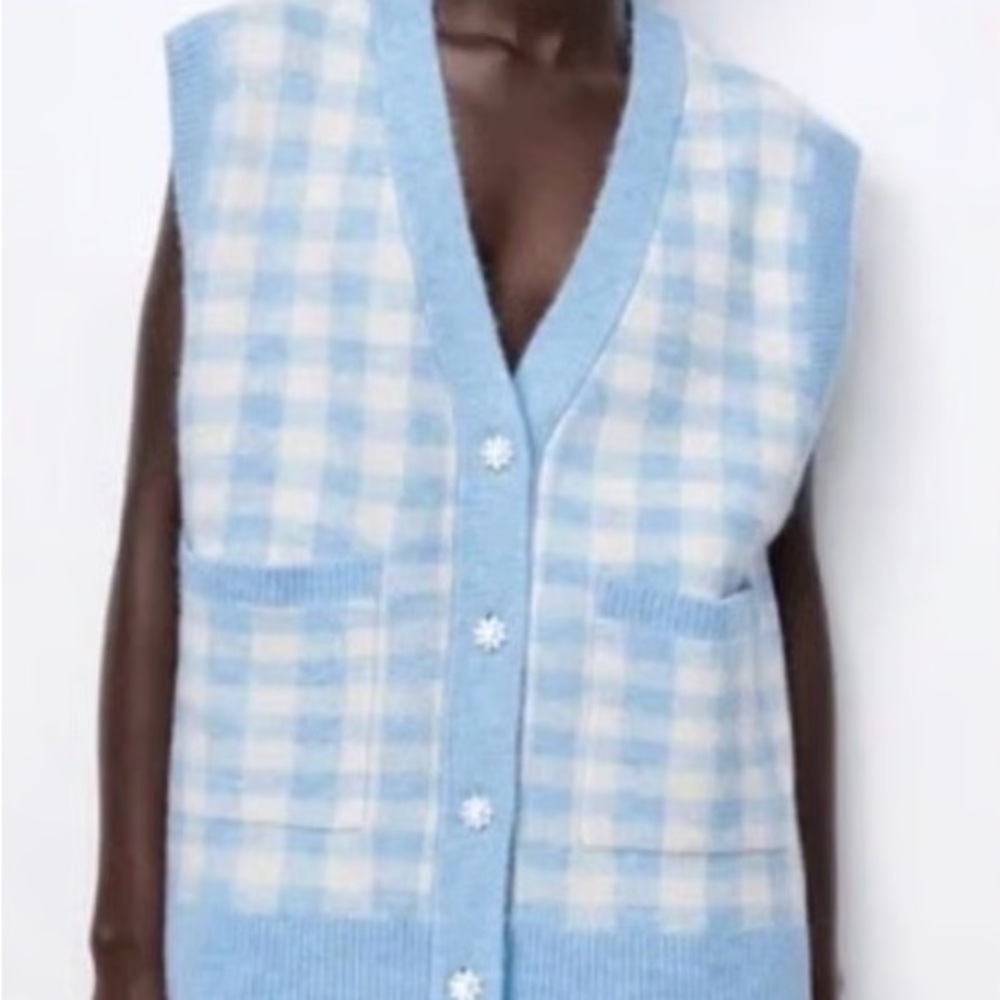 Zara Cardigan Vest Gingham Blue Cream V-Neck Crystal Glass Sweater S Small - Picture 3 of 10